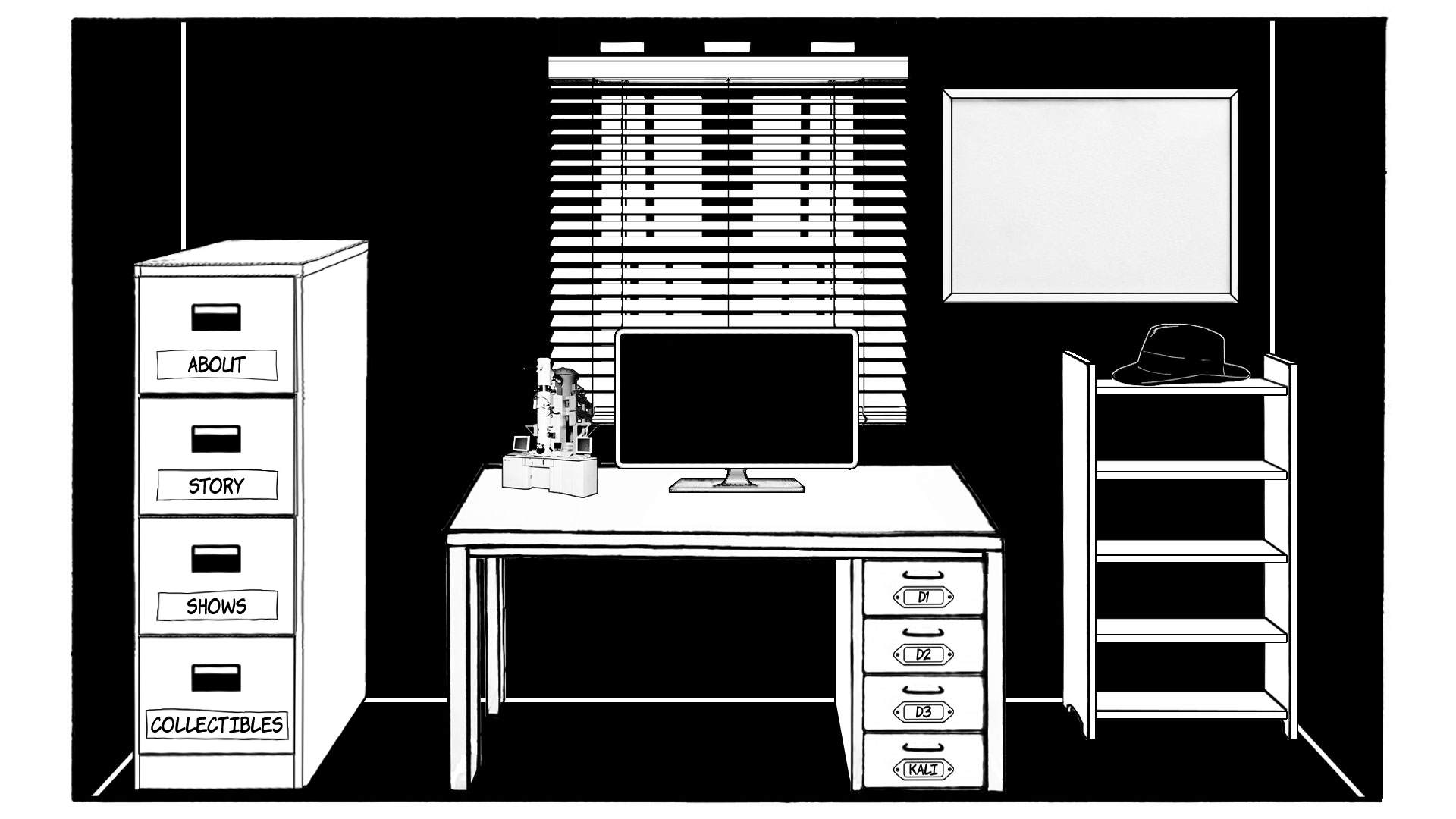 Black and white detective office with desk, monitor, window, picture frame, and shelf
